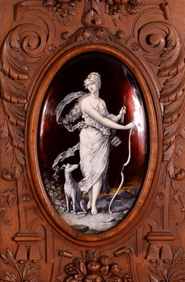 MAZAROZ-RIBAILLIER & SOYER Théophile — Important Neo-Renaissance carved walnut display cabinet with painted enamel plaques MAZAROZ-RIBAILLIER & SOYER Théophile — Important Neo-Renaissance carved walnut display cabinet with painted enamel plaques-2
