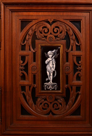 MAZAROZ-RIBAILLIER & SOYER Théophile — Important Neo-Renaissance carved walnut display cabinet with painted enamel plaques MAZAROZ-RIBAILLIER & SOYER Théophile — Important Neo-Renaissance carved walnut display cabinet with painted enamel plaques-7