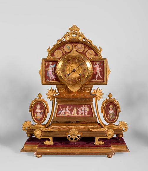 Neo-Pompeian style clock set made out of gilded bronze and red ceramic Neo-Pompeian style clock set made out of gilded bronze and red ceramic-1
