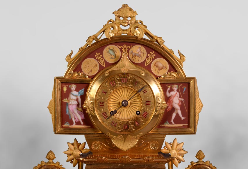 Neo-Pompeian style clock set made out of gilded bronze and red ceramic Neo-Pompeian style clock set made out of gilded bronze and red ceramic-2
