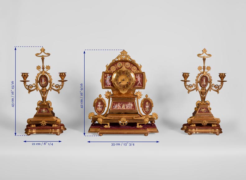 Neo-Pompeian style clock set made out of gilded bronze and red ceramic Neo-Pompeian style clock set made out of gilded bronze and red ceramic-11