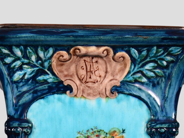 Pair of Neo-Renaissance style earthenware cones vases with brown patina bronze griffins Pair of Neo-Renaissance style earthenware cones vases with brown patina bronze griffins-9