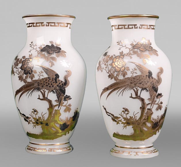 BACCARAT, Pair of Vases With Peacock, Rooster and Wader, circa 1880 BACCARAT, Pair of Vases With Peacock, Rooster and Wader, circa 1880-0