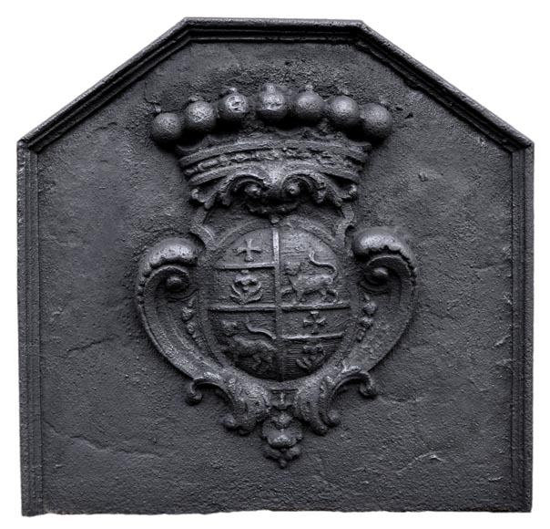 Antique cast iron fireback with the Joly family coat of arms, 18th century Antique cast iron fireback with the Joly family coat of arms, 18th century -0