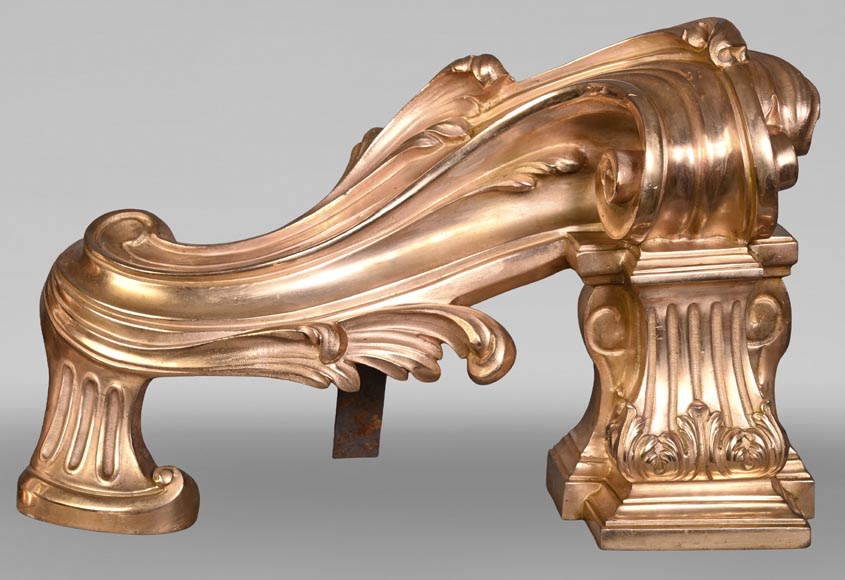 Pair of large-volute gilt bronze andirons, signed Henri Vian, late 19th century Pair of large-volute gilt bronze andirons, signed Henri Vian, late 19th century-2