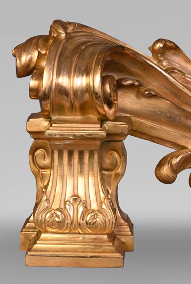 Pair of large-volute gilt bronze andirons, signed Henri Vian, late 19th century Pair of large-volute gilt bronze andirons, signed Henri Vian, late 19th century-3