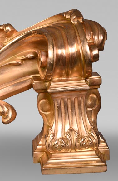 Pair of large-volute gilt bronze andirons, signed Henri Vian, late 19th century Pair of large-volute gilt bronze andirons, signed Henri Vian, late 19th century-4