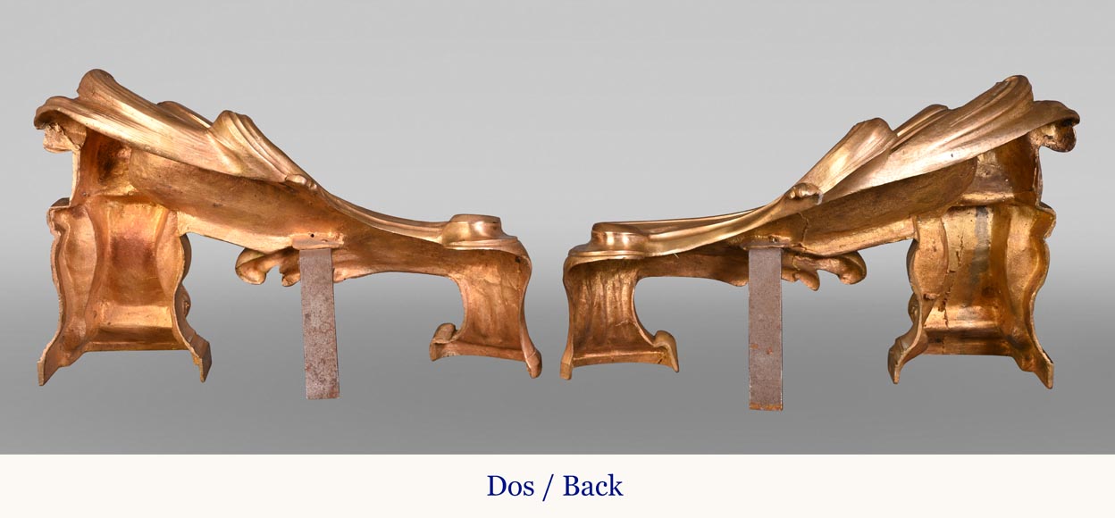 Pair of large-volute gilt bronze andirons, signed Henri Vian, late 19th century Pair of large-volute gilt bronze andirons, signed Henri Vian, late 19th century-6