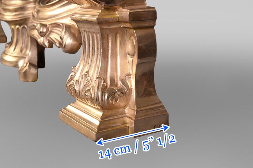 Pair of large-volute gilt bronze andirons, signed Henri Vian, late 19th century Pair of large-volute gilt bronze andirons, signed Henri Vian, late 19th century-8