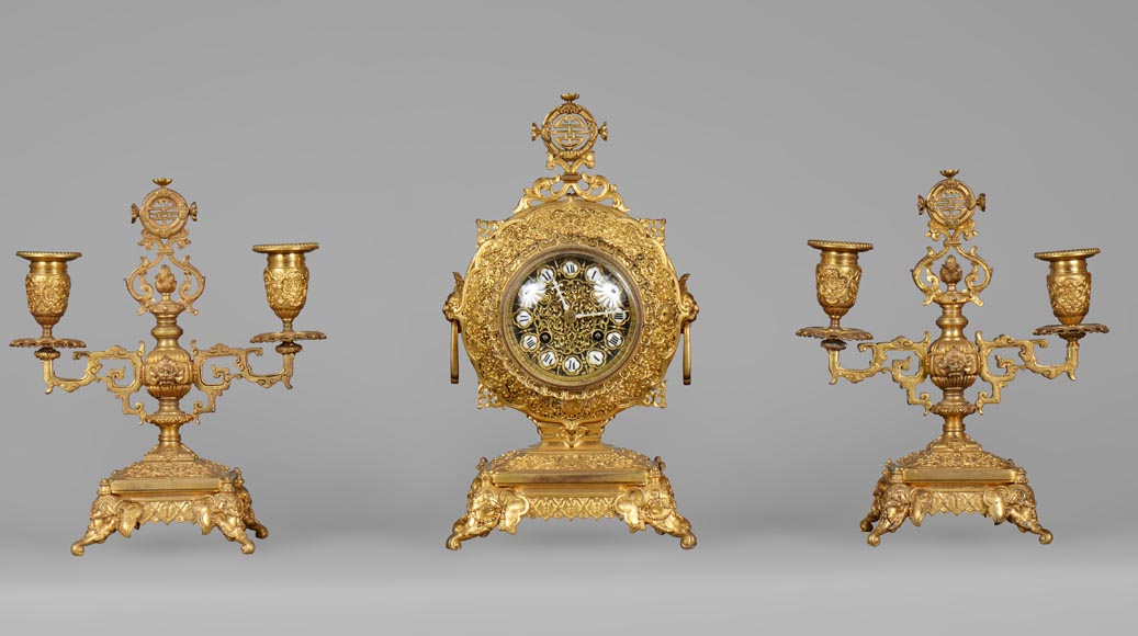 Ferdinand BARBEDIENNE (attributed to) - Gilded bronze set clock in the taste of Japan Ferdinand BARBEDIENNE (attributed to) - Gilded bronze set clock in the taste of Japan-0