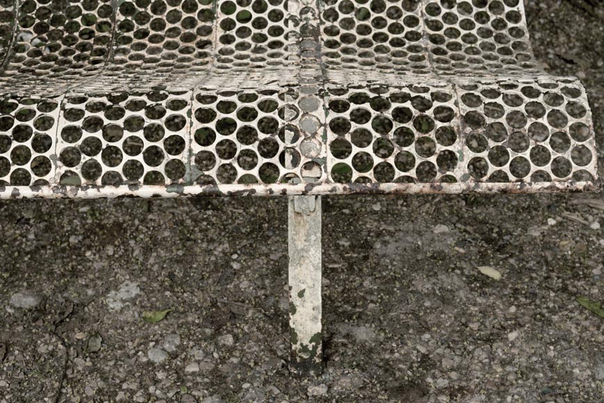 Antique white garden bench with perforated decoration, 1930s Antique white garden bench with perforated decoration, 1930s-2
