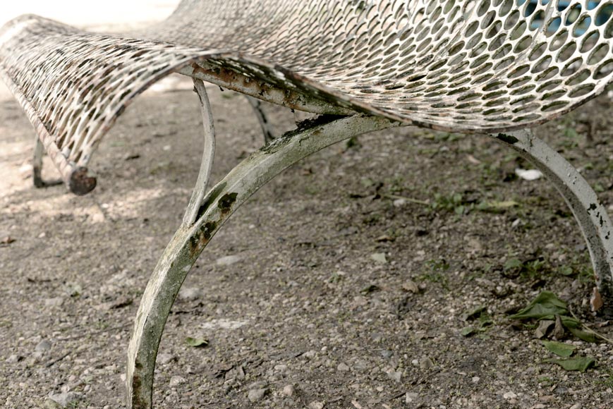 Antique white garden bench with perforated decoration, 1930s Antique white garden bench with perforated decoration, 1930s-4