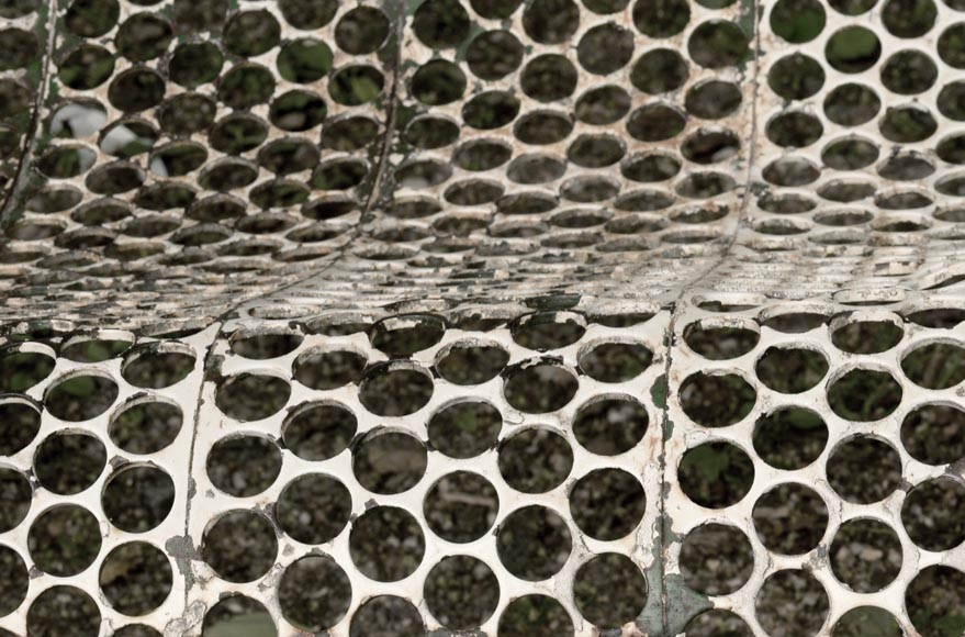 Antique white garden bench with perforated decoration, 1930s Antique white garden bench with perforated decoration, 1930s-5