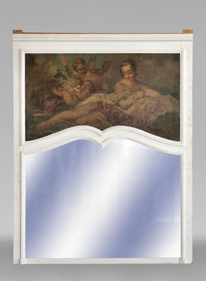 Beautiful antique Louis XV style overmantel mirror with an oil on canvas representing a woman and putti Beautiful antique Louis XV style overmantel mirror with an oil on canvas representing a woman and putti-0