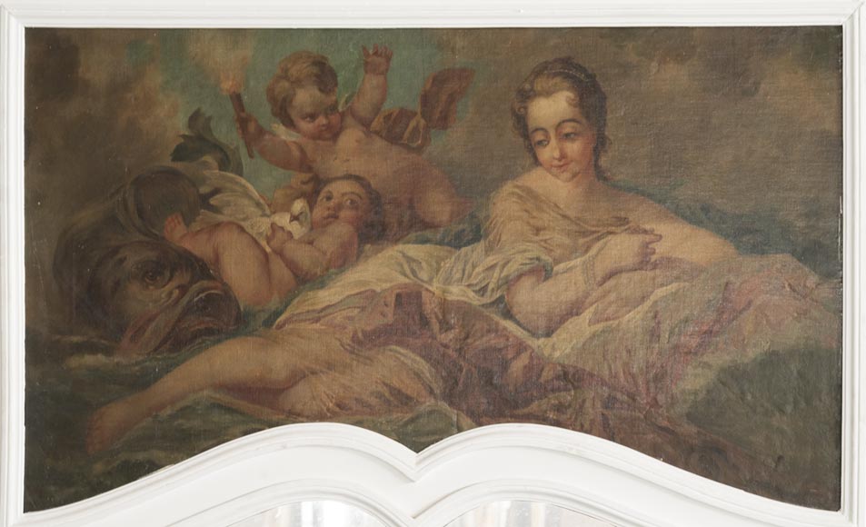 Beautiful antique Louis XV style overmantel mirror with an oil on canvas representing a woman and putti Beautiful antique Louis XV style overmantel mirror with an oil on canvas representing a woman and putti-1