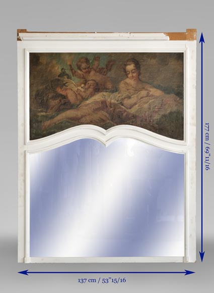 Beautiful antique Louis XV style overmantel mirror with an oil on canvas representing a woman and putti Beautiful antique Louis XV style overmantel mirror with an oil on canvas representing a woman and putti-6