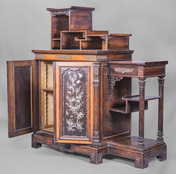 Japanese style low cabinet decorated with birds and mother-of-pearl butterflies-8