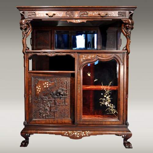 Japanese furniture with carved decoration and mother-of-pearl inlay