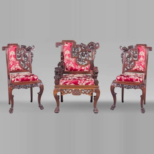 Cyrille RUFFIER DES AIMES (1844-1916) - Set of two chairs and an armchair inspired by the Far East