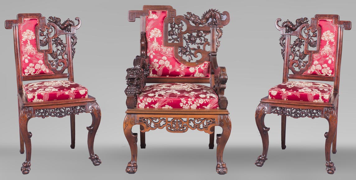 Cyrille RUFFIER DES AIMES (1844-1916) - Set of two chairs and an armchair inspired by the Far East Cyrille RUFFIER DES AIMES (1844-1916) - Set of two chairs and an armchair inspired by the Far East-0