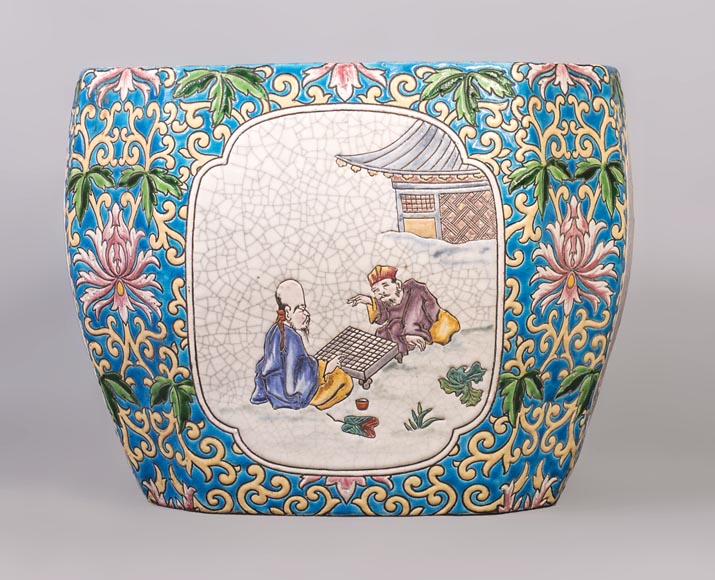 Japanese style cachepot in glazed earthenware with medallion decoration of animated life scenes Japanese style cachepot in glazed earthenware with medallion decoration of animated life scenes-0