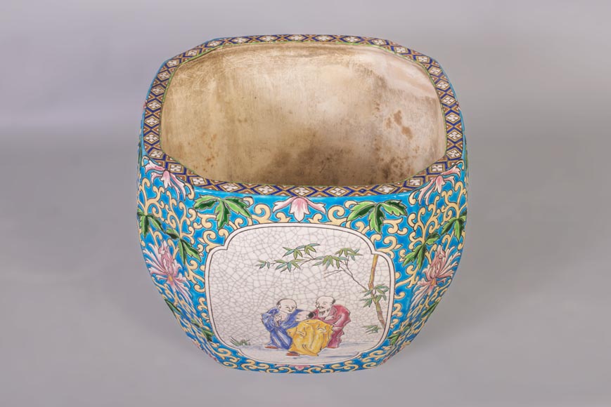 Japanese style cachepot in glazed earthenware with medallion decoration of animated life scenes Japanese style cachepot in glazed earthenware with medallion decoration of animated life scenes-1