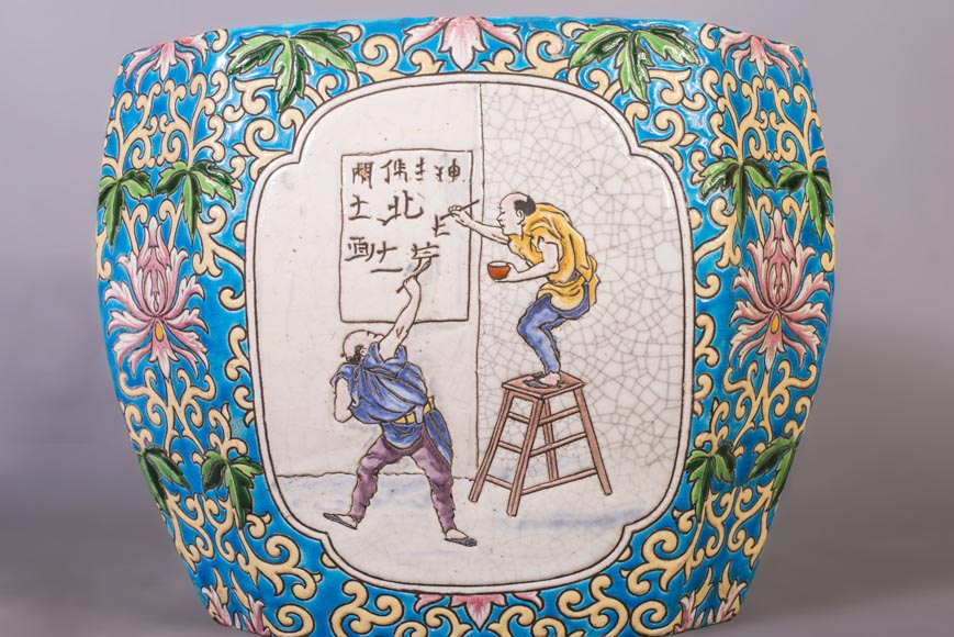 Japanese style cachepot in glazed earthenware with medallion decoration of animated life scenes Japanese style cachepot in glazed earthenware with medallion decoration of animated life scenes-4