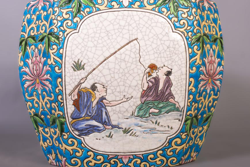 Japanese style cachepot in glazed earthenware with medallion decoration of animated life scenes Japanese style cachepot in glazed earthenware with medallion decoration of animated life scenes-5