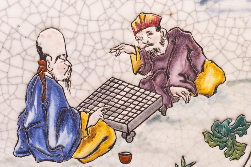 Japanese style cachepot in glazed earthenware with medallion decoration of animated life scenes Japanese style cachepot in glazed earthenware with medallion decoration of animated life scenes-6