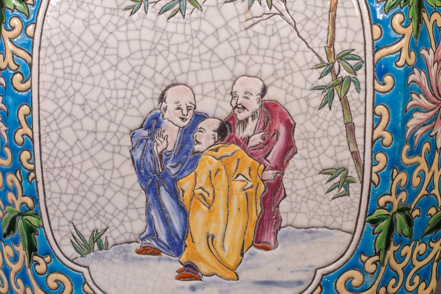 Japanese style cachepot in glazed earthenware with medallion decoration of animated life scenes Japanese style cachepot in glazed earthenware with medallion decoration of animated life scenes-7