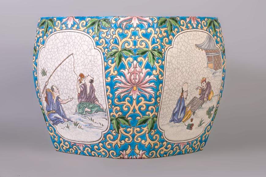 Japanese style cachepot in glazed earthenware with medallion decoration of animated life scenes Japanese style cachepot in glazed earthenware with medallion decoration of animated life scenes-8