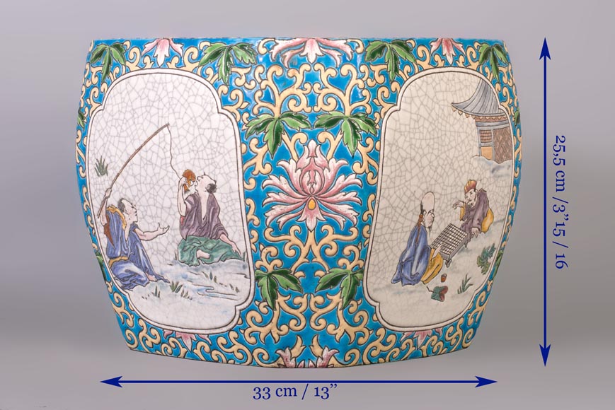 Japanese style cachepot in glazed earthenware with medallion decoration of animated life scenes Japanese style cachepot in glazed earthenware with medallion decoration of animated life scenes-9