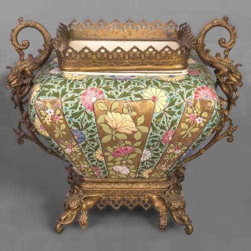 Ignac FISCHER - Chinese style jardiniere, in earthenware and gilded bronze