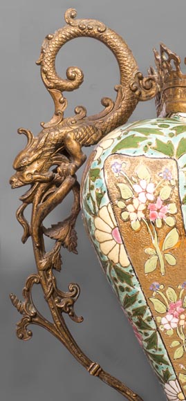 Ignac FISCHER - Chinese style jardiniere, in earthenware and gilded bronze Ignac FISCHER - Chinese style jardiniere, in earthenware and gilded bronze-5