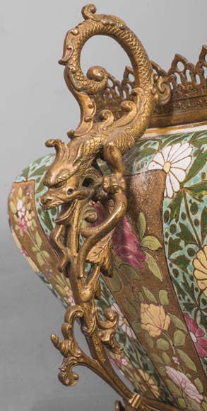 Ignac FISCHER - Chinese style jardiniere, in earthenware and gilded bronze Ignac FISCHER - Chinese style jardiniere, in earthenware and gilded bronze-9
