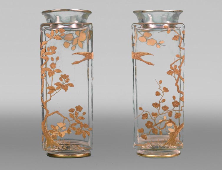 BACCARAT, Pair of square vases with cherry blossoms and birds, circa 1880 BACCARAT, Pair of square vases with cherry blossoms and birds, circa 1880-0