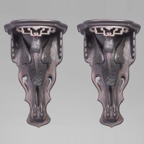 Maison des Bambous Alfred PERRET et Ernest VIBERT (attributed to) - Pair of wall brackets decorated with storks