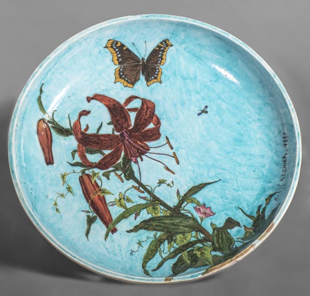 Théodore DECK (ceramist) and Anthony Ludovic REGNIER (painter) - Ceramic dish glazed with tiger lily and butterfly on a blue background Théodore DECK (ceramist) and Anthony Ludovic REGNIER (painter) - Ceramic dish glazed with tiger lily and butterfly on a blue background-0