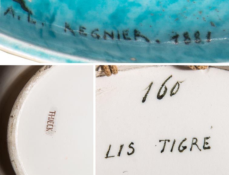 Théodore DECK (ceramist) and Anthony Ludovic REGNIER (painter) - Ceramic dish glazed with tiger lily and butterfly on a blue background Théodore DECK (ceramist) and Anthony Ludovic REGNIER (painter) - Ceramic dish glazed with tiger lily and butterfly on a blue background-6