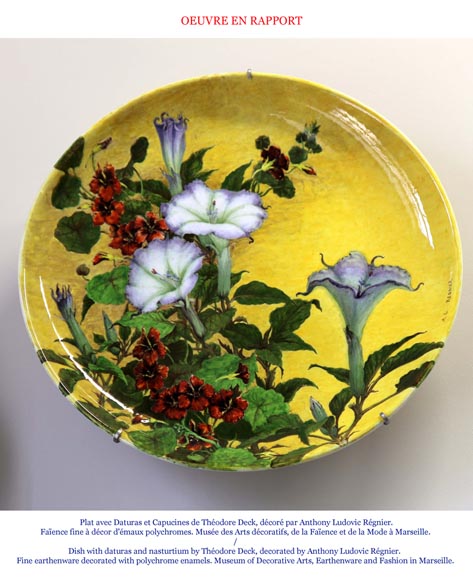 Théodore DECK (ceramist) and Anthony Ludovic REGNIER (painter) - Ceramic dish glazed with tiger lily and butterfly on a blue background Théodore DECK (ceramist) and Anthony Ludovic REGNIER (painter) - Ceramic dish glazed with tiger lily and butterfly on a blue background-7
