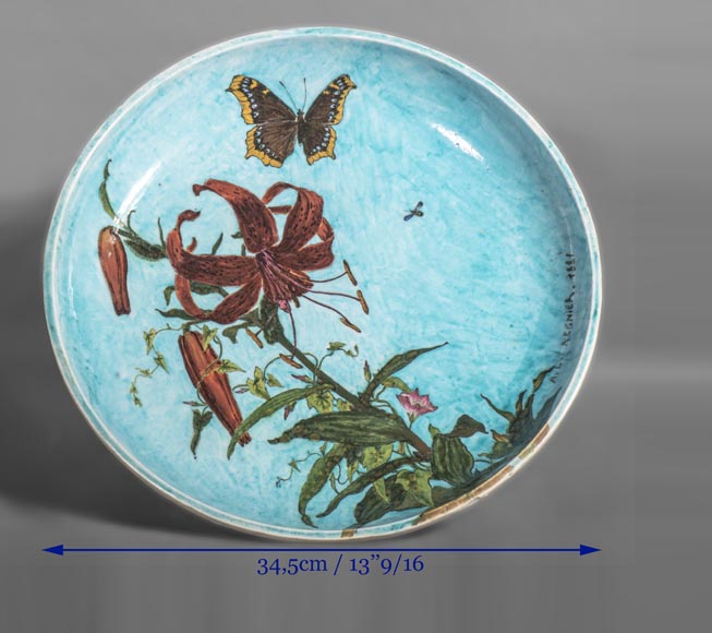 Théodore DECK (ceramist) and Anthony Ludovic REGNIER (painter) - Ceramic dish glazed with tiger lily and butterfly on a blue background Théodore DECK (ceramist) and Anthony Ludovic REGNIER (painter) - Ceramic dish glazed with tiger lily and butterfly on a blue background-8