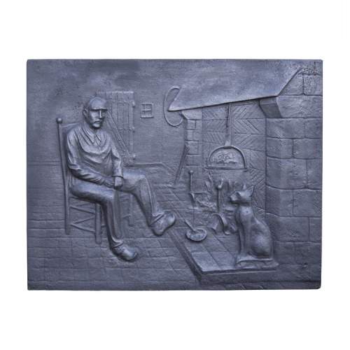Modern fireback with a personage and his cat warming up by the fireplace