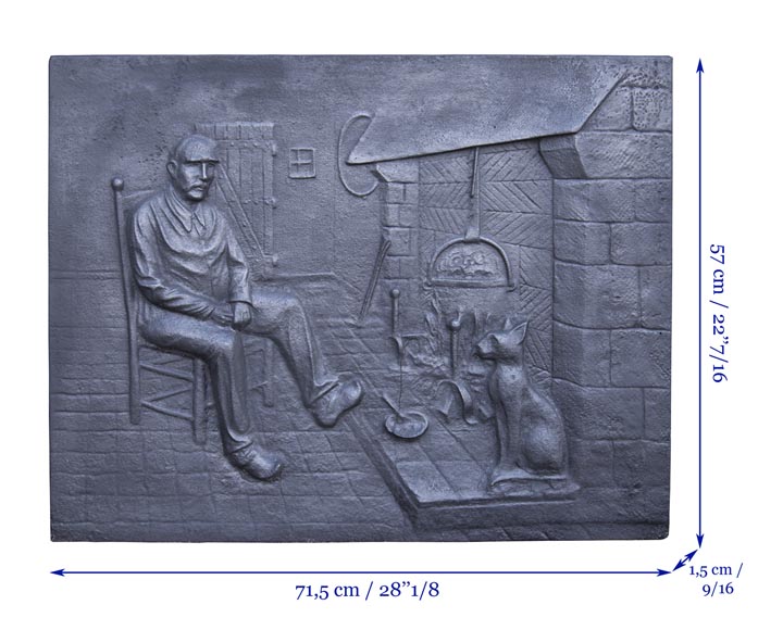 Modern fireback with a personage and his cat warming up by the fireplace Modern fireback with a personage and his cat warming up by the fireplace-5