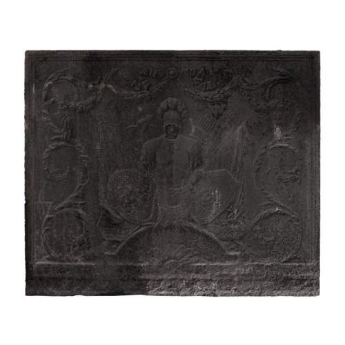 Antique Empire style cast iron fireback with military trophy