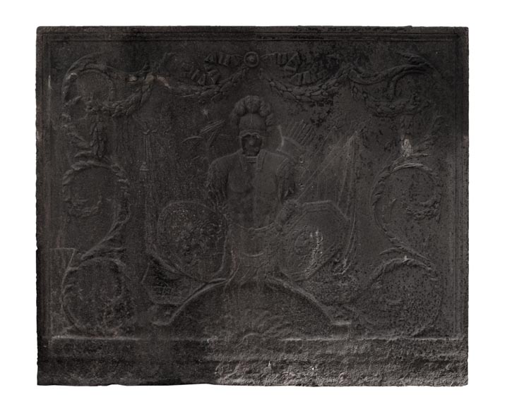 Antique Empire style cast iron fireback with military trophy Antique Empire style cast iron fireback with military trophy-0