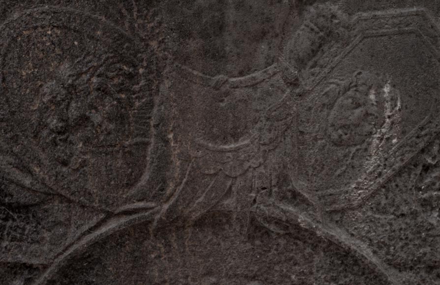 Antique Empire style cast iron fireback with military trophy Antique Empire style cast iron fireback with military trophy-2