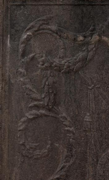 Antique Empire style cast iron fireback with military trophy Antique Empire style cast iron fireback with military trophy-5