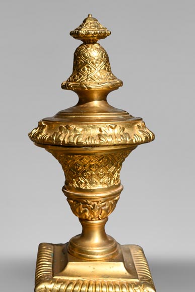 Pair of Louis XIV style gilt-bronze chenets decorated with profiles. Pair of Louis XIV style gilt-bronze chenets decorated with profiles.-3
