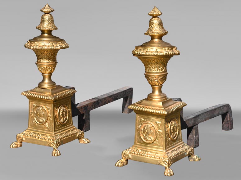 Pair of Louis XIV style gilt-bronze chenets decorated with profiles. Pair of Louis XIV style gilt-bronze chenets decorated with profiles.-4