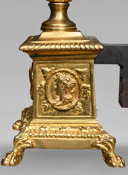 Pair of Louis XIV style gilt-bronze chenets decorated with profiles. Pair of Louis XIV style gilt-bronze chenets decorated with profiles.-5